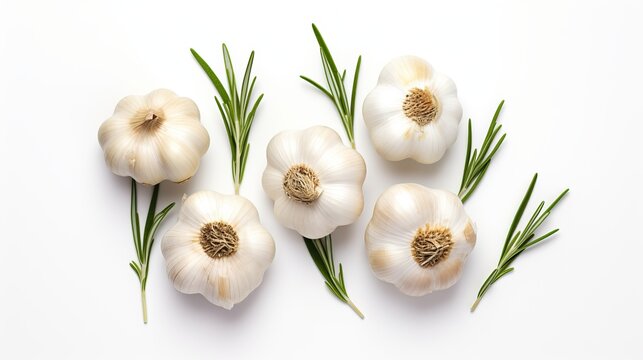 Garlic with rosemary and peppercorn isolated on white background. Top view. Flat lay. High quality photo