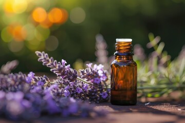 Glass bottles aroma oil, zen stones and dry lavender flowers on wooden table. Spa Treatment.