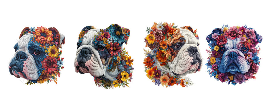 Bulldog made of flowers water painting vintage vivid colors