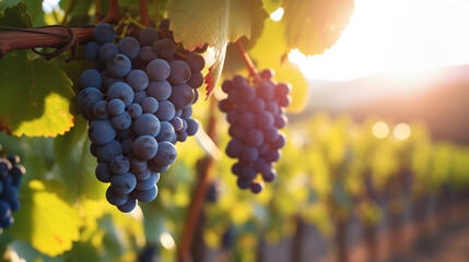 Ripe Blue Grapes Hanging in Vineyard at Sunset. Winemaking and Agriculture Concept - obrazy, fototapety, plakaty
