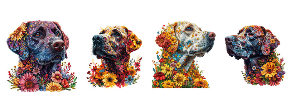 Golden Retriever made of flowers water painting vintage vivid colors