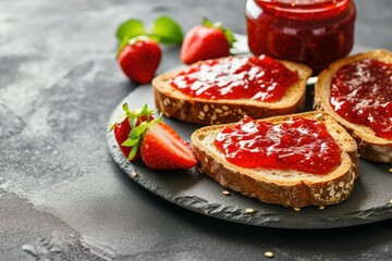 Strawberry jam spread on toast on dark concrete table, copy space.