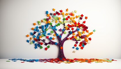World Autism Awareness day, mental health care concept with colorful puzzle tree - obrazy, fototapety, plakaty