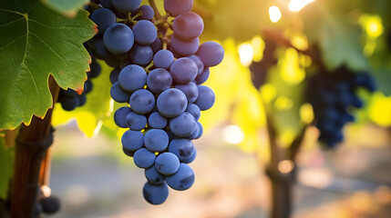Ripe Blue Grapes Hanging in Vineyard at Sunset. Winemaking and Agriculture Concept - obrazy, fototapety, plakaty