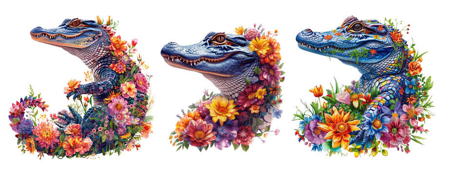 Alligator made of flowers water painting vintage vivid colors