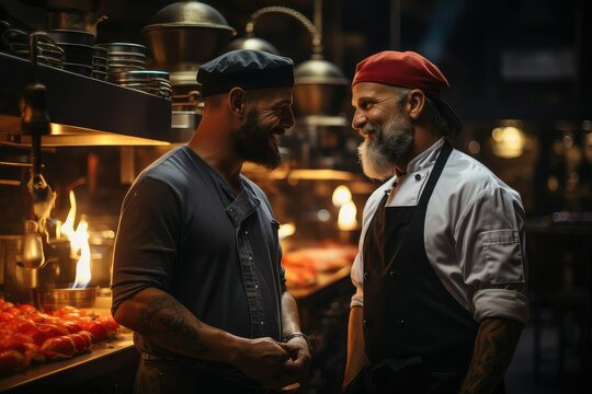 Two chefs having discussion with large pans on their heads.