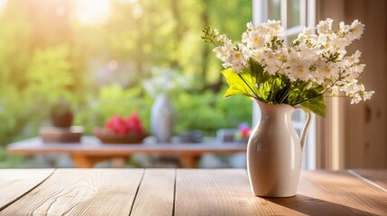 Home wooden kitchen table top with focus in front and blurred background showing breakfast tablewear, windowframe and a vase filled with garden flowers. Space for text - obrazy, fototapety, plakaty