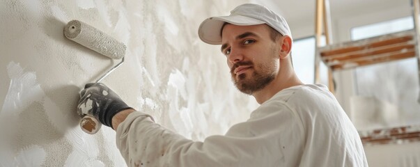Painter using white roller for wall painting