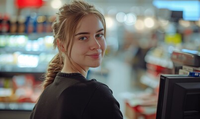Portrait of woman cashier at supermarket near cash desk