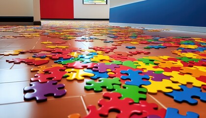 World Autism Awareness day, mental health care concept with colorful puzzle on the floor - obrazy, fototapety, plakaty
