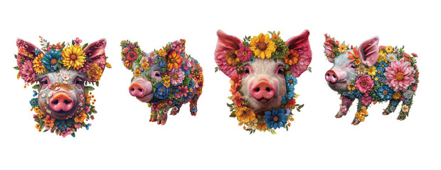 Pig made of flowers water painting vintage vivid colors