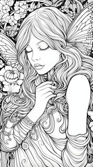 大人の塗り絵、女神や女性の天使の線画イラスト