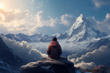 Young Woman Sitting on Mountain Peak, Gazing at the Horizon under Blue Sky. Winter Snowy Mountain Landscape Background - Powered by Adobe