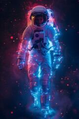 an astronaut enveloped in a shimmering, ethereal glow against a dark, nebulous background, creating a cosmic and otherworldly visual.