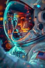 A woman in an astronaut suit with a reflective visor, through which vivid digital graphics are superimposed, blending the realism of space exploration with the abstraction of cyber data.