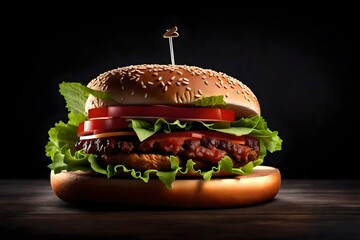 burger isolated on black wooden background with, lettuce, onions, tomatoes and cucumbers
