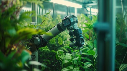 Robotic arm with video camera taking care of plants