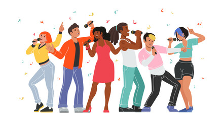 Sing karaoke party. Concert singer microphone, song singer, music girl and boy dancing and singing, person disco. Night life or entertainment show poster. Vector cartoon flat isolated illustration - obrazy, fototapety, plakaty