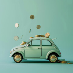 Old Car on the road wasting money minimalism concept on green pastel background