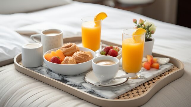 Photo of tray with breakfast food on the bed inside a bedroom