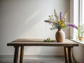 Wooden table with small textured clay vase and bunch of spring  flowers near empty, blank white wall. Home interior background with copy space