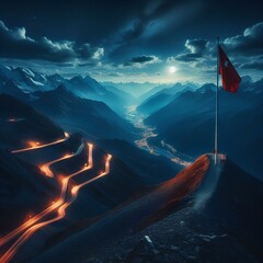 Road reaching flag on the mountain top at night.