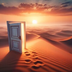 Surreal image of open door on sand dune in middle of the desert at sunset.