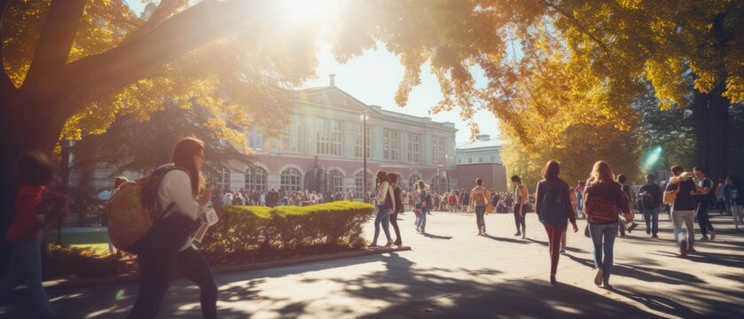 Crowd of students walking through a college campus on a sunny day