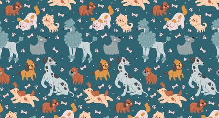 Dog pattern. Cute doodle, seamless print animal, hand drawn art, cartoon texture funny face, nursery Scandinavian style decor textile, wrapping paper, baby wallpaper, childish vector tidy background © Natalia