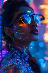 Cyberpunk girl neon purple on a city street