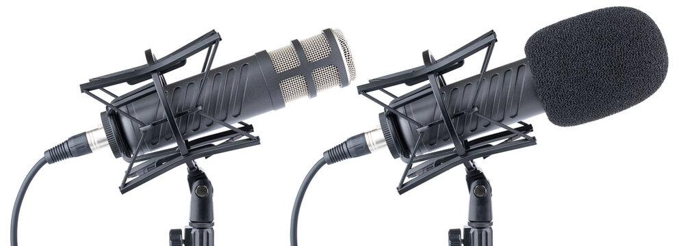 Microphone. Professional dynamic or condenser microphone. Radio broadcasting or podcast microphone with shock or anti vibration mount on stand. Mic with windshield. Recording voice, music or song