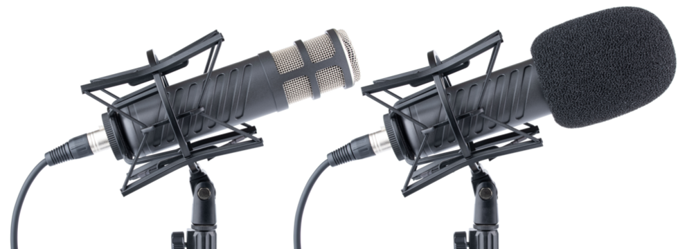 Microphone. Professional dynamic or condenser microphone. Radio broadcasting or podcast microphone with shock or anti vibration mount on stand. Mic with windshield. Recording voice, music or song