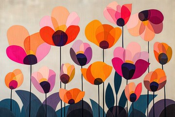 A colorful flower design on a beige background. A vibrant and whimsical painting of a coquelicot flower, drawn by a child, on a neutral beige backdrop