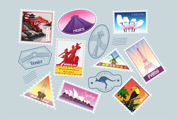 Postal stamp. Passport trip seal. Travel map location icon. Postage emblem. France culture. Country architecture. Paris landmark. Airplane flight. Vintage postage signs. Vector postcard symbols set