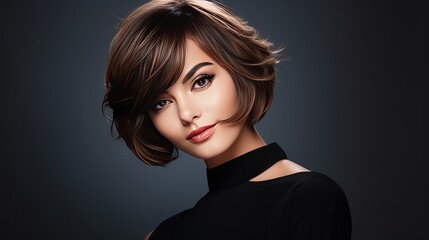 Naklejka premium Smiling Beautiful Woman With Brown Short Hair. Haircut. Hairstyle. Fringe. Professional Makeup