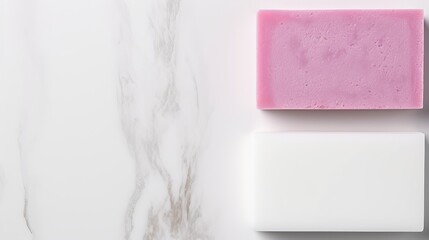 Soap bar and foam on white background, top view. Mockup for design - obrazy, fototapety, plakaty
