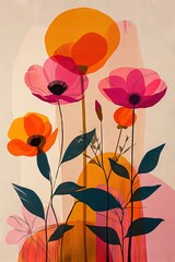 A colorful flower design on a beige background. A vibrant and whimsical painting of a coquelicot flower, drawn by a child, on a neutral beige backdrop