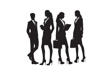 Four silhouettes of men and women in suits and ties stand in a row. Set of business people silhouette. man and woman team, on white background