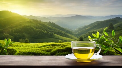 Tea cup with green tea leaf on the wooden table and the tea plantations background - obrazy, fototapety, plakaty