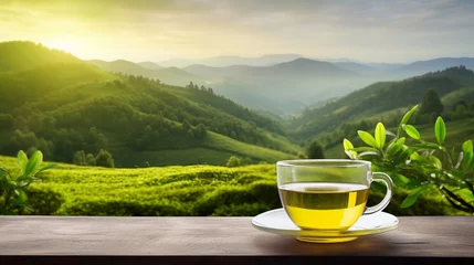 Fotobehang Tea cup with green tea leaf on the wooden table and the tea plantations background © Elchin Abilov