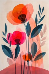 A colorful flower design on a beige background. A vibrant and whimsical painting of a coquelicot flower, drawn by a child, on a neutral beige backdrop