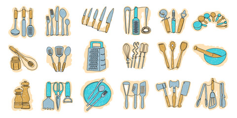 Kitchen tools. Household kitchenware. Utensil for food preparing. Cooking ladle. Mixer accessories. Plate and cutlery. Measuring spoons. Continuous line drawing domestic cookware objects vector set