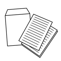 複数枚の書類や資料と封筒の線画アイコンイラスト