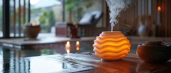 Aromatherapy essential oil diffuser in a quiet spa space. Massage therapy concept.