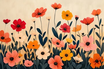 A colorful flower design on a beige background. A vibrant and whimsical painting of a coquelicot flower, drawn by a child, on a neutral beige backdrop