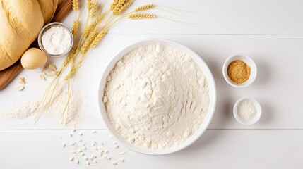 Top view of dough and baking  ingredients isolated on white - obrazy, fototapety, plakaty