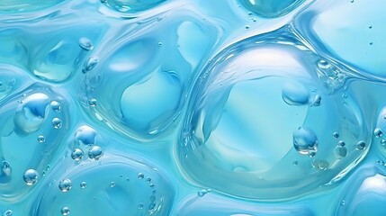 Fototapeta premium Transparent gel with bubbles close-up. The texture of gel cream. Oxygen bubbles in clear blue water, close-up. Mineral water. Water enriched with oxygen