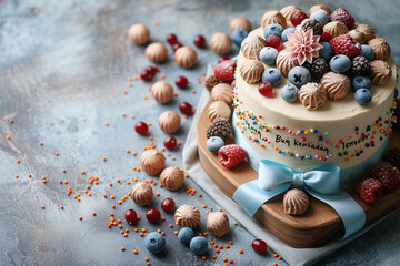 Fototapeta premium birthday party balloons, colourful balloons background and birthday cake with candles 