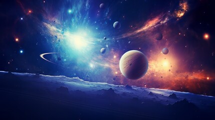 Universe scene with planets, stars and galaxies in outer space showing the beauty of space exploration. Elements furnished by