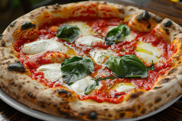 Neopolitan Pizza served on a wooden board from the brick oven